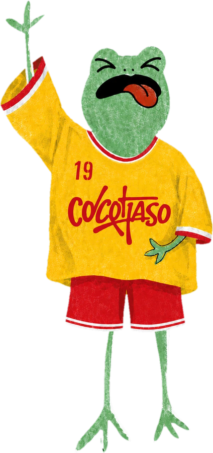 Cocotaso frog in a yellow jersey, arm raised